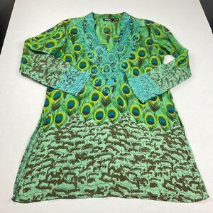 Sol Womens Tunic Top M Green Blue Boho Crochet Trim Peacock Print Ethnic Shirt